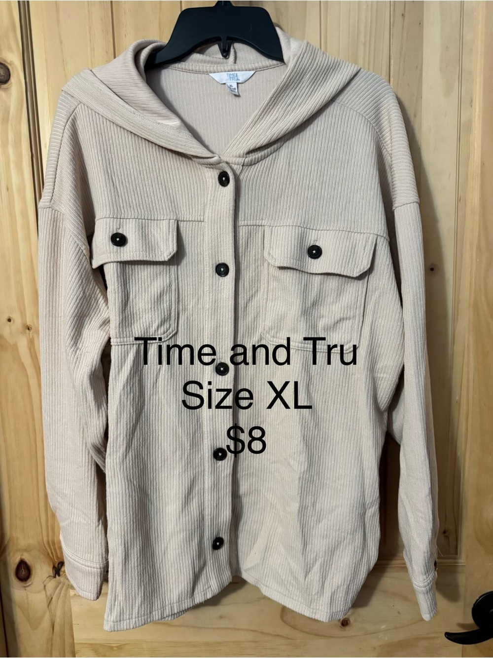 Time and Tru Light Beige Hooded Button-Up Utility Jacket